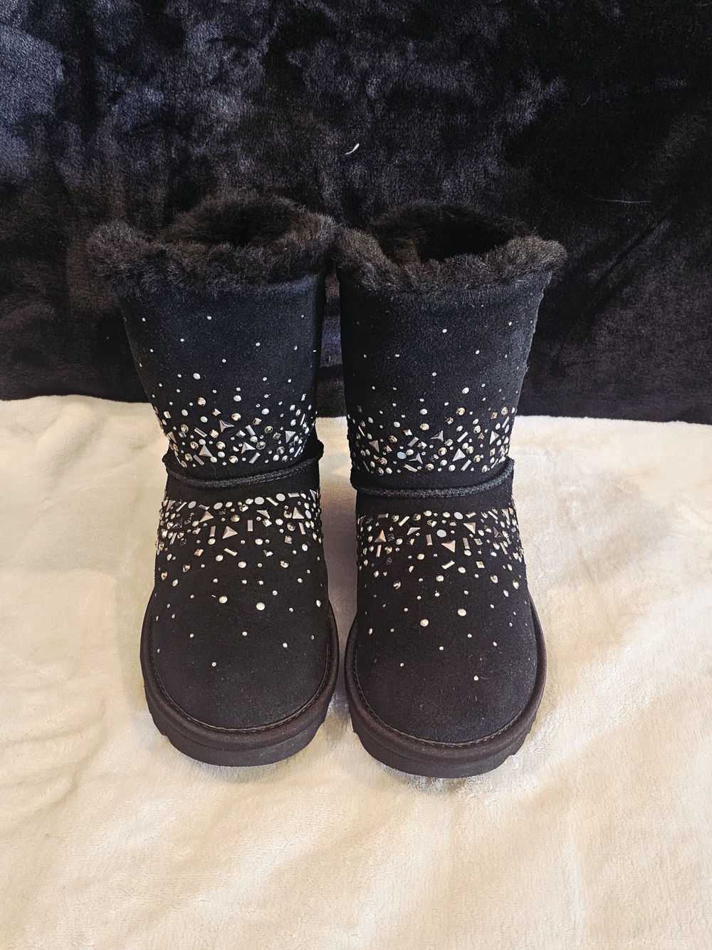 UGG Black Suede Leather Bling-Embelished Faux-Fur Bow Back Winter Boots-Size 5